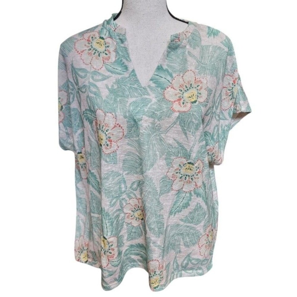 Chenault Floral Blouse Size XL Muted Colors Woven Poly Short Sleeve